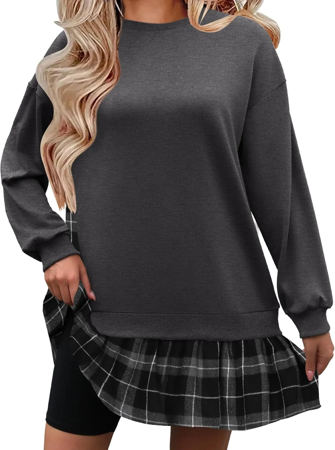 Zeagoo Womens Sweatshirts Plaid Patchwork Crewneck Preppy Long Sleeve Hoodie 2024 Trendy Teen Girls Flowy Pullover Top