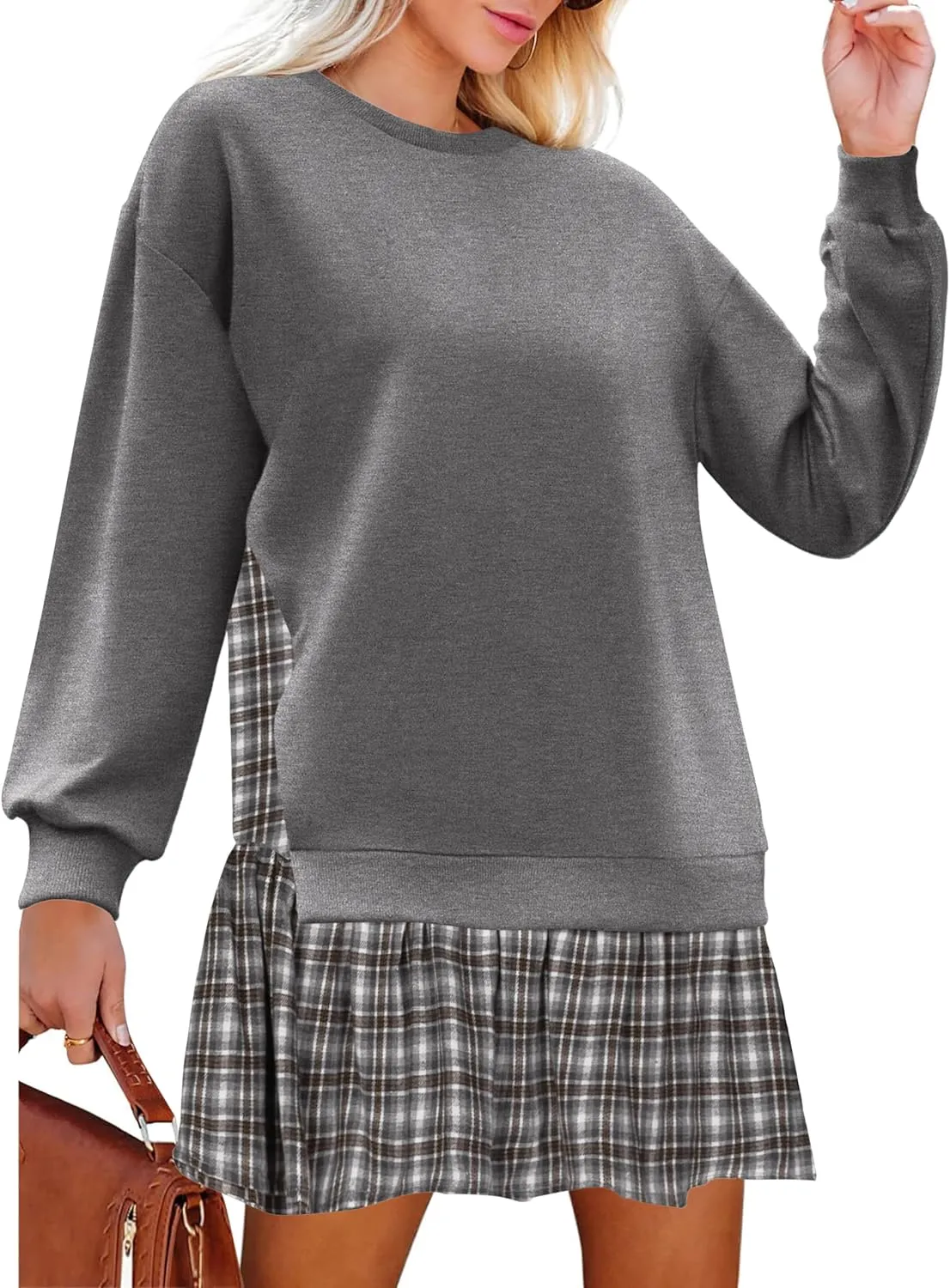 Zeagoo Womens Sweatshirts Plaid Patchwork Crewneck Preppy Long Sleeve Hoodie 2024 Trendy Teen Girls Flowy Pullover Top