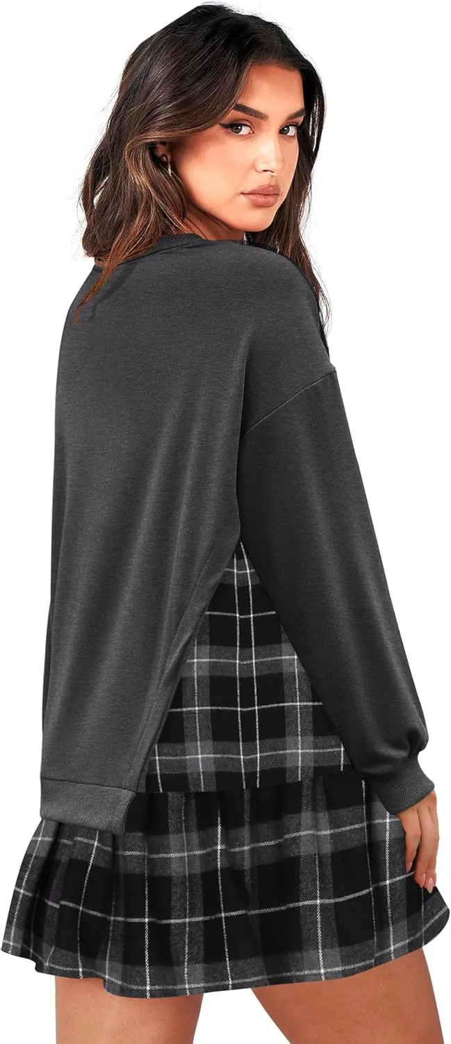 Zeagoo Womens Sweatshirts Plaid Patchwork Crewneck Preppy Long Sleeve Hoodie 2024 Trendy Teen Girls Flowy Pullover Top