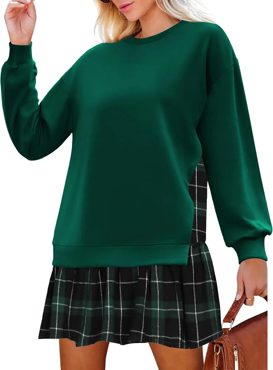 Zeagoo Womens Sweatshirts Plaid Patchwork Crewneck Preppy Long Sleeve Hoodie 2024 Trendy Teen Girls Flowy Pullover Top