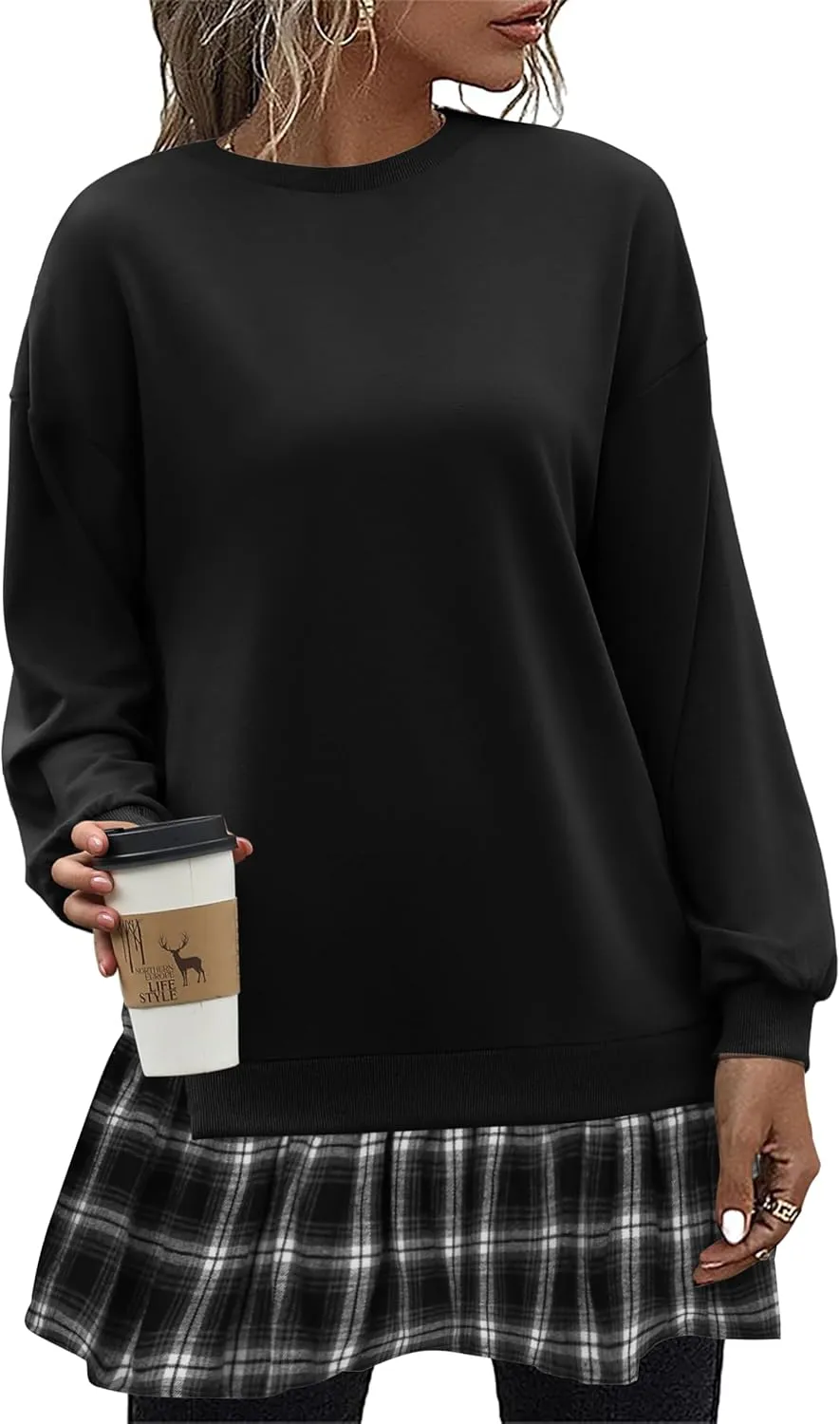 Zeagoo Womens Sweatshirts Plaid Patchwork Crewneck Preppy Long Sleeve Hoodie 2024 Trendy Teen Girls Flowy Pullover Top