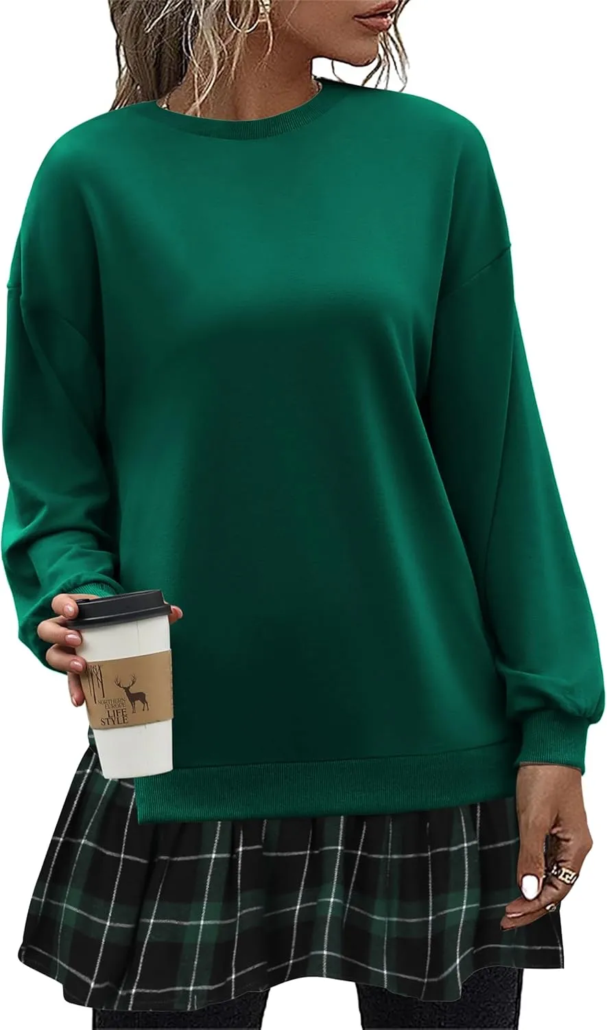 Zeagoo Womens Sweatshirts Plaid Patchwork Crewneck Preppy Long Sleeve Hoodie 2024 Trendy Teen Girls Flowy Pullover Top