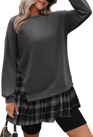 Zeagoo Womens Sweatshirts Plaid Patchwork Crewneck Preppy Long Sleeve Hoodie 2024 Trendy Teen Girls Flowy Pullover Top